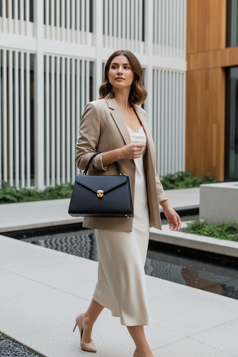 Editorial lifestyle image featuring Hybrica Classique Black Smooth Texture handbag with professional woman in outdoor setting