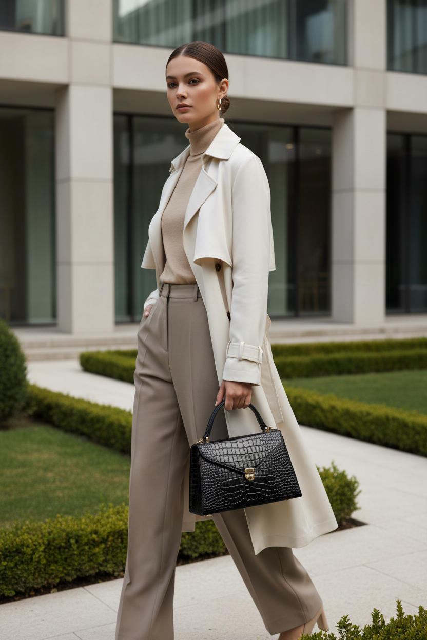 Editorial lifestyle image of Hybrica Classique structured top-handle handbag in black crocodile texture - quiet luxury designer bag crafted in India