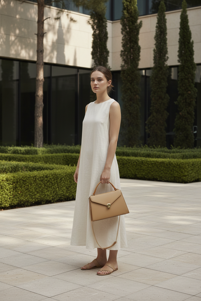Editorial lifestyle image featuring Hybrica Classique tan structured top-handle handbag in natural outdoor setting
