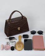 Hybrica Classique Chocolate Brown Croc-Embossed Vegan Leather Satchel Small