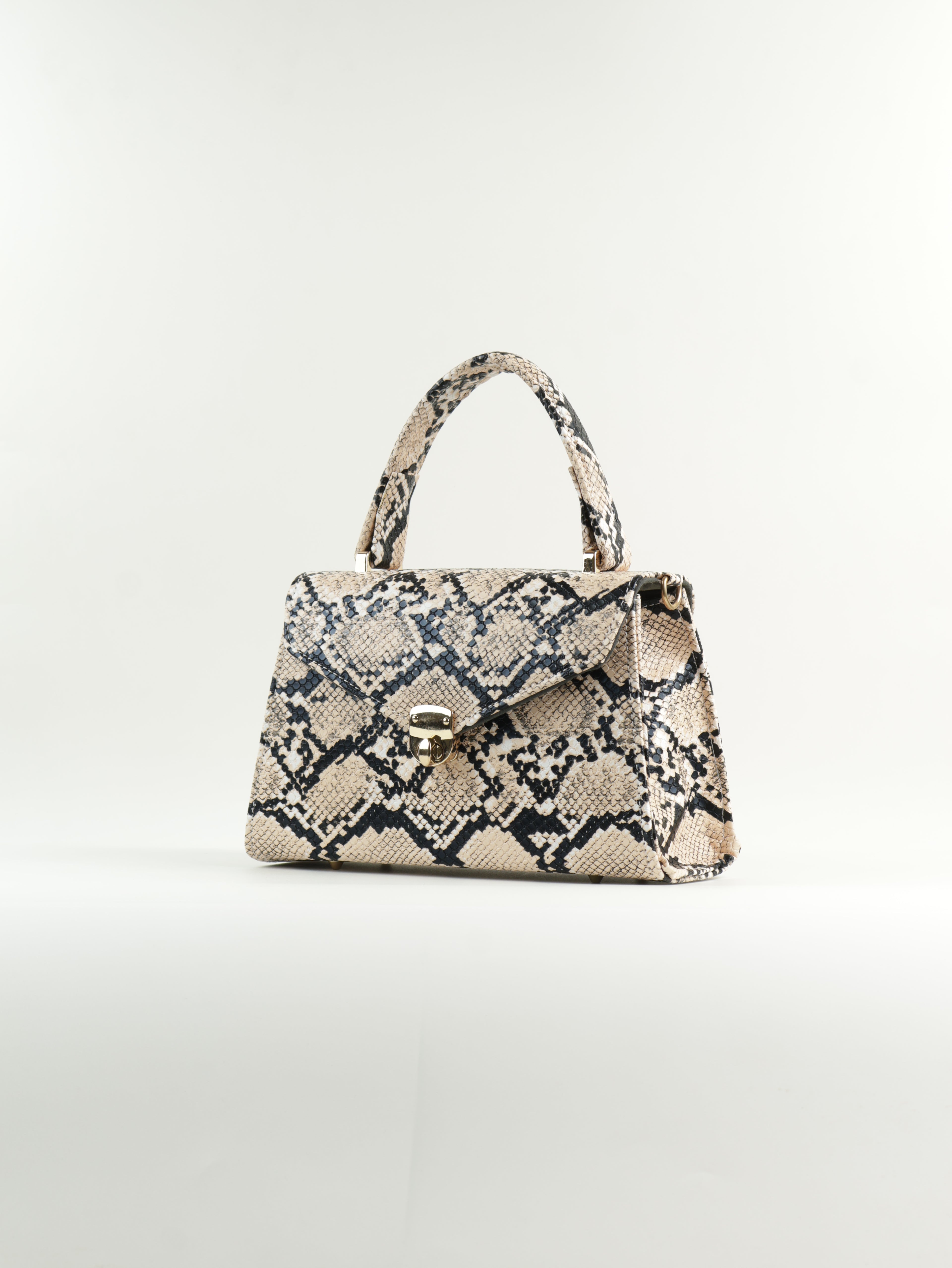 Classique Python-Embossed Top Handle Bag – Beige