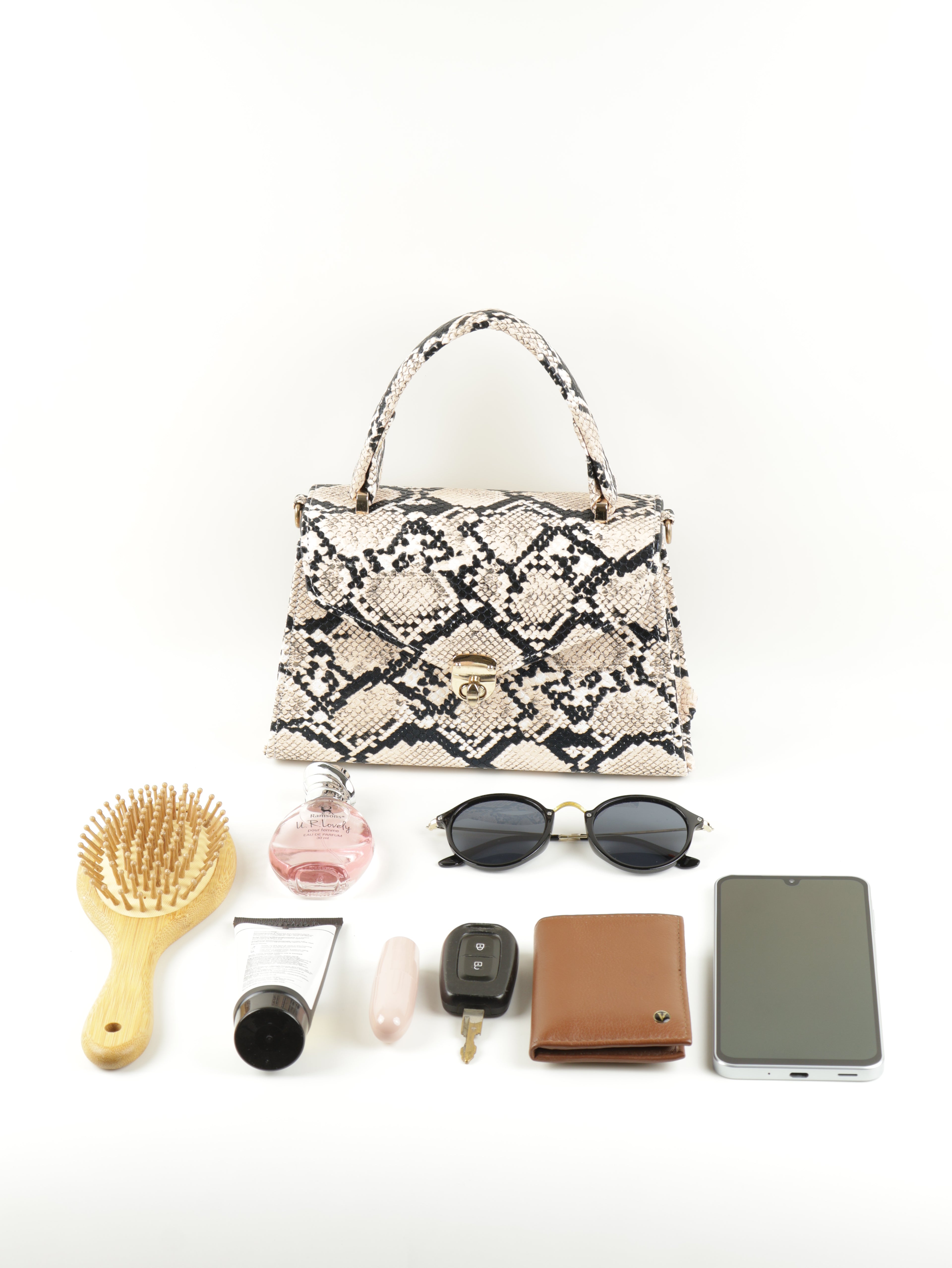 Classique Python-Embossed Top Handle Bag – Beige