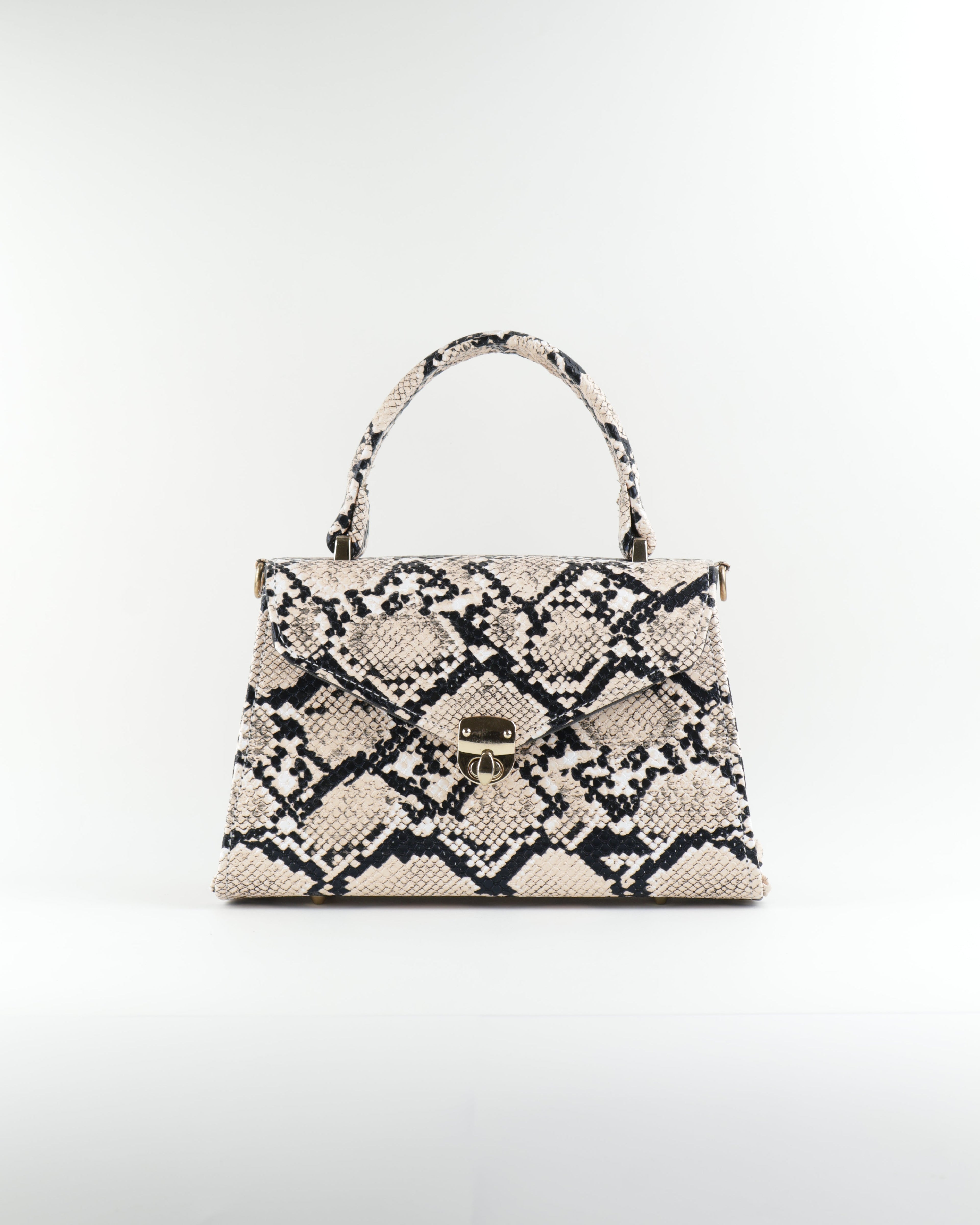 Classique Python-Embossed Top Handle Bag – Beige
