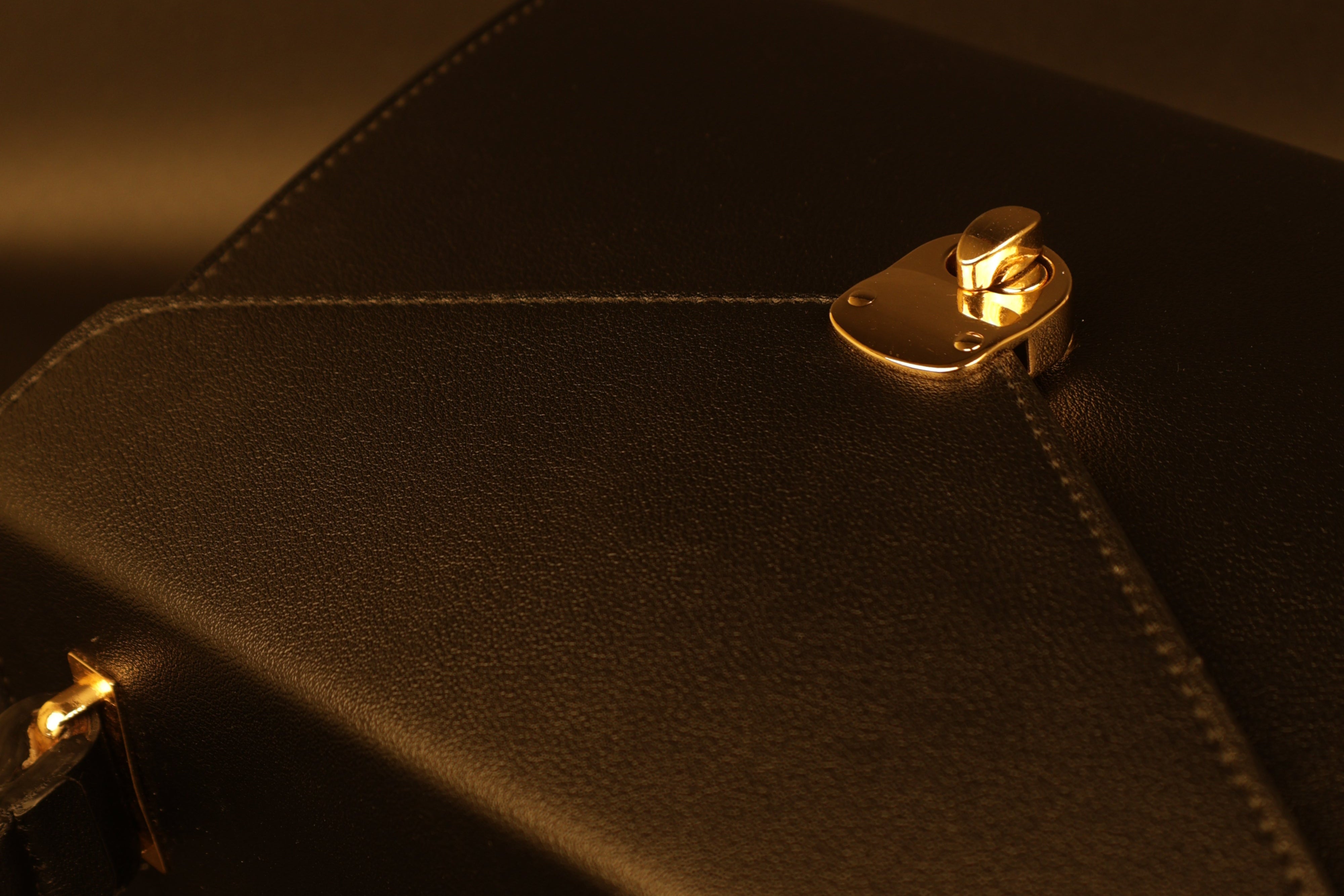 Close-up of a dark leather bag with gold hardware on a dark background